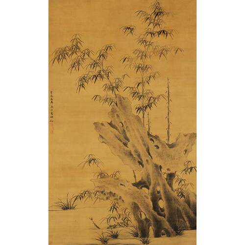 1:1元谢庭芝竹石图墨笔竹子国画艺术微喷古代名画复制品装饰画