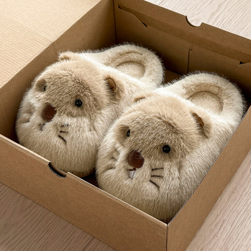 土拨鼠棉拖鞋女款秋冬季可爱保暖