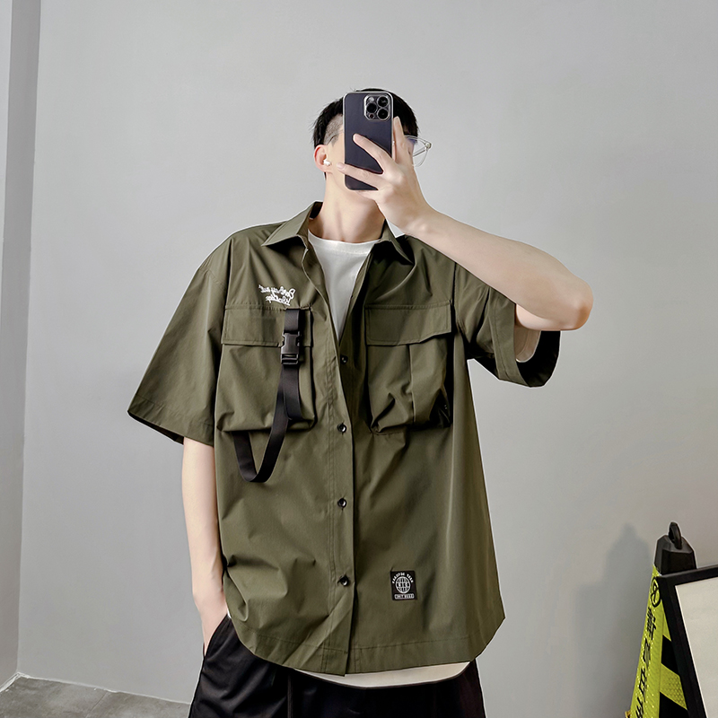 PGUP工装立体口袋织带短袖衬衫