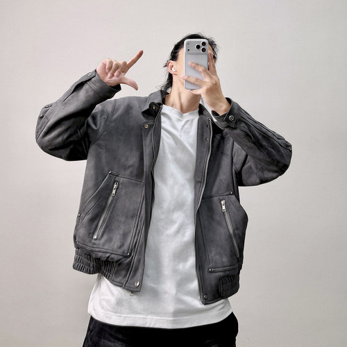 PGUP STUDIO美式复古老钱风翻领麂皮绒夹克男宽松机车服外套潮流
