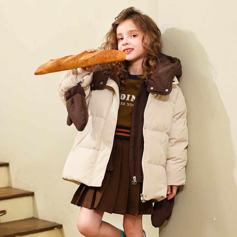 女童羽绒服中长款加厚拼色假两件