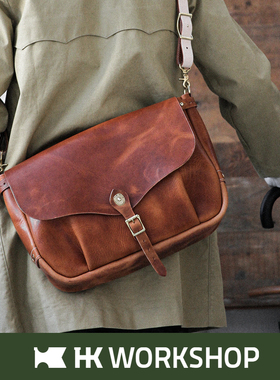 HK workshop美国Horween牛皮大邮差斜挎复古手作原创潮流手拎包
