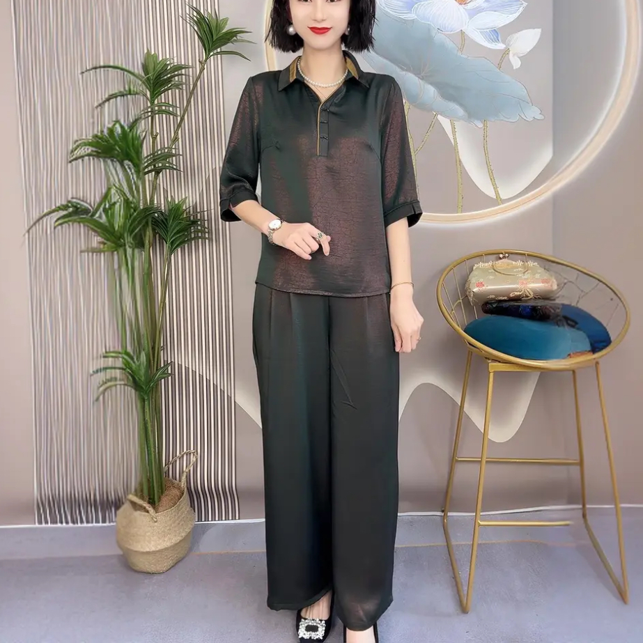 2025年夏季新款时尚宽松显瘦上衣大码妈妈套装减龄高档女两件套