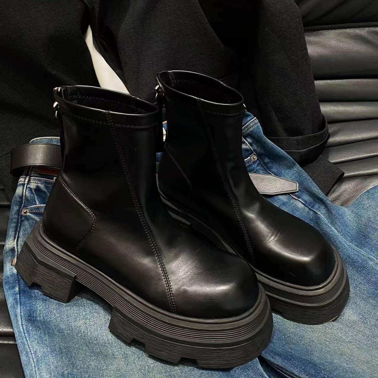 棒球队长女鞋子厚底黑色加棉皮靴2025春秋新款马丁靴中筒烟筒短靴