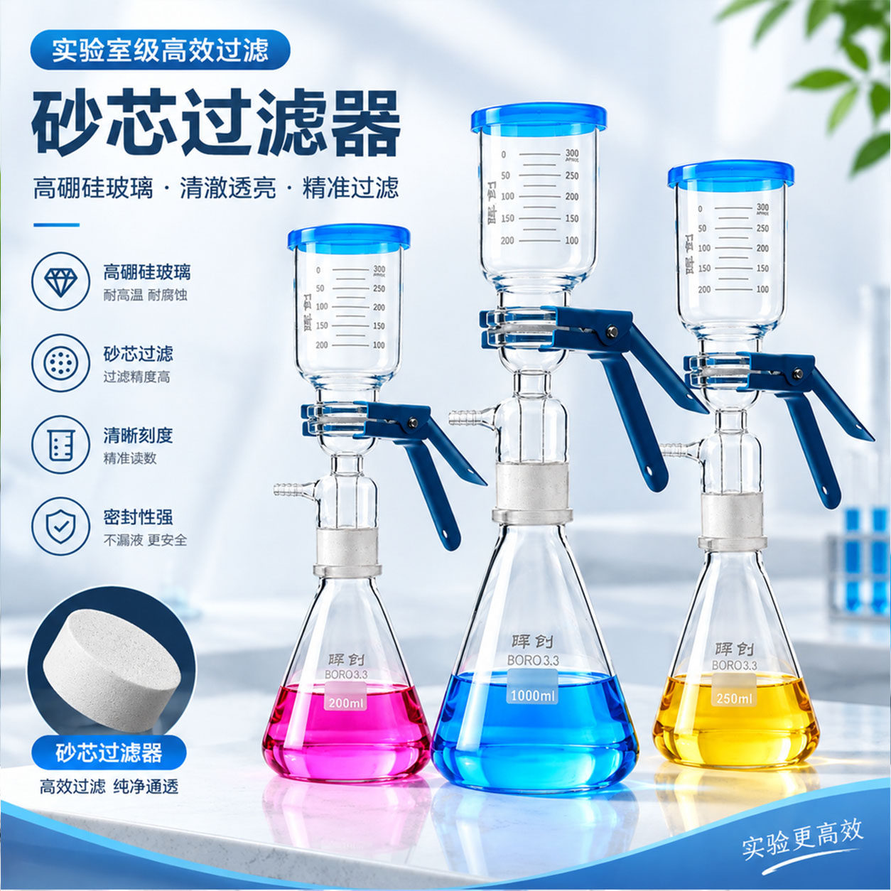 溶剂过滤器1000ml砂芯过滤装置抽滤微量滤杯三角瓶47-50mm滤膜