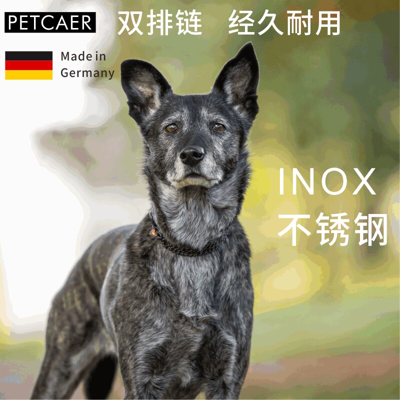 PETCARE德国进口黑色双排双面磨平不锈钢P链脖圈脖链狗项圈狗套