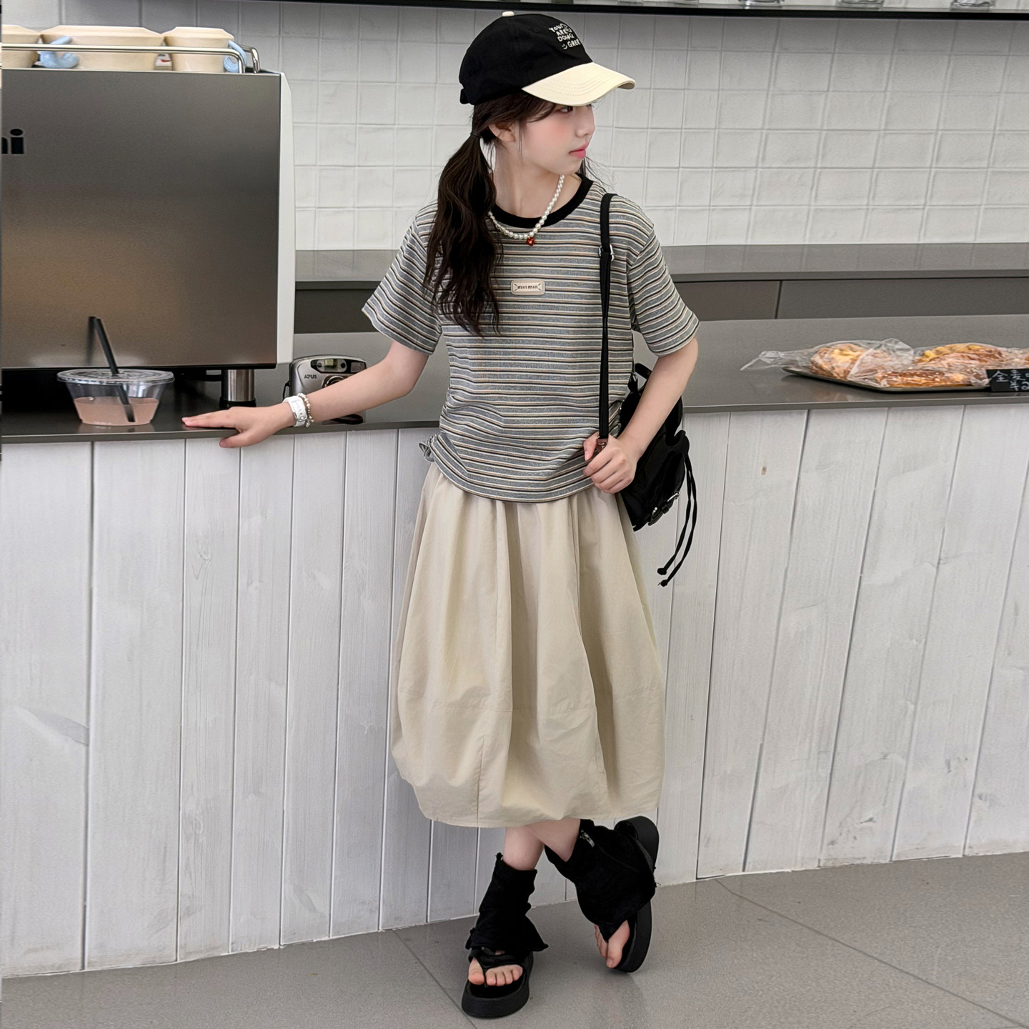 女童夏套装儿童夏季条纹短袖T恤半身裙女孩两件套中大童2026新款