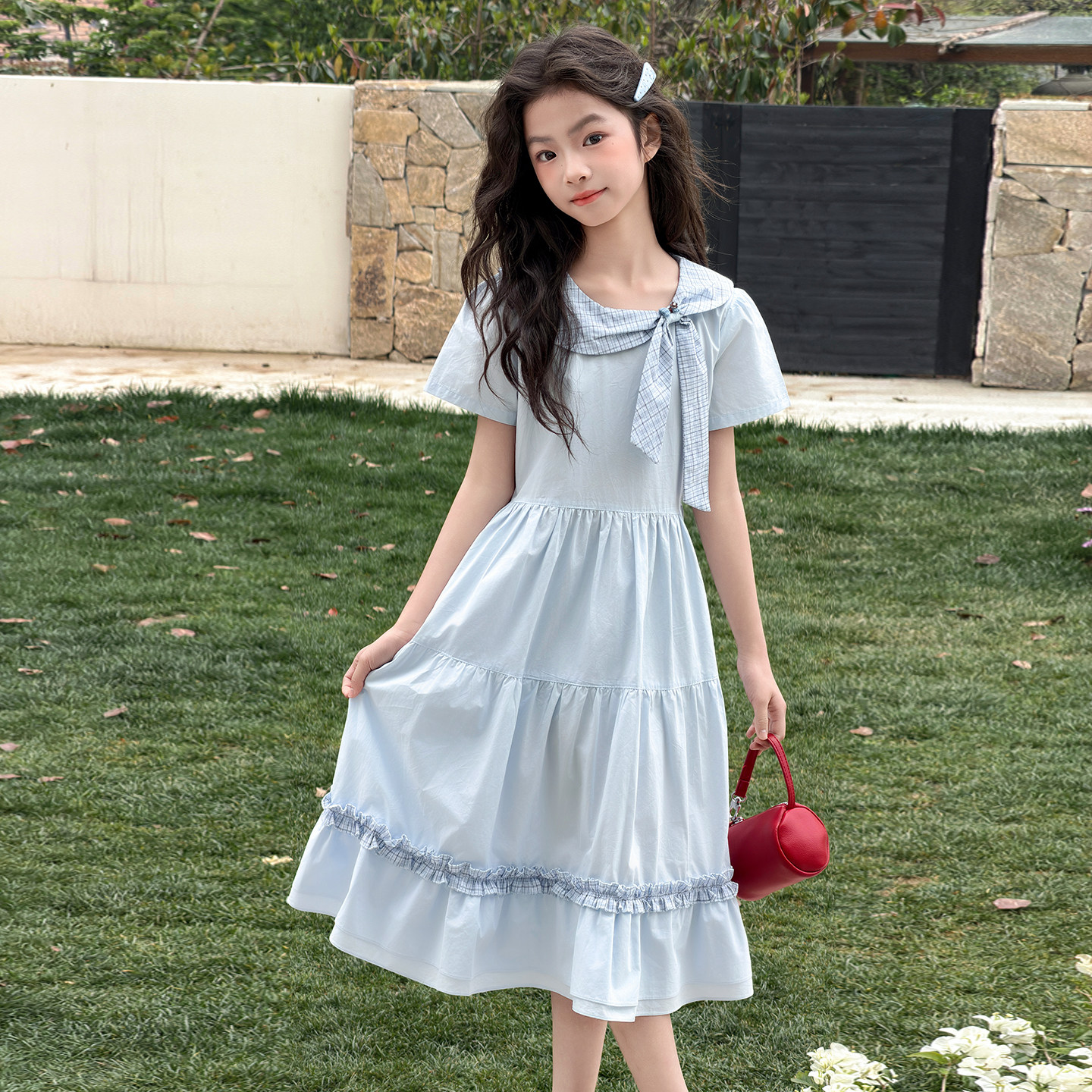 女童连衣裙夏季薄款2026新款短袖蓝色儿童裙子女孩连身裙中大童装