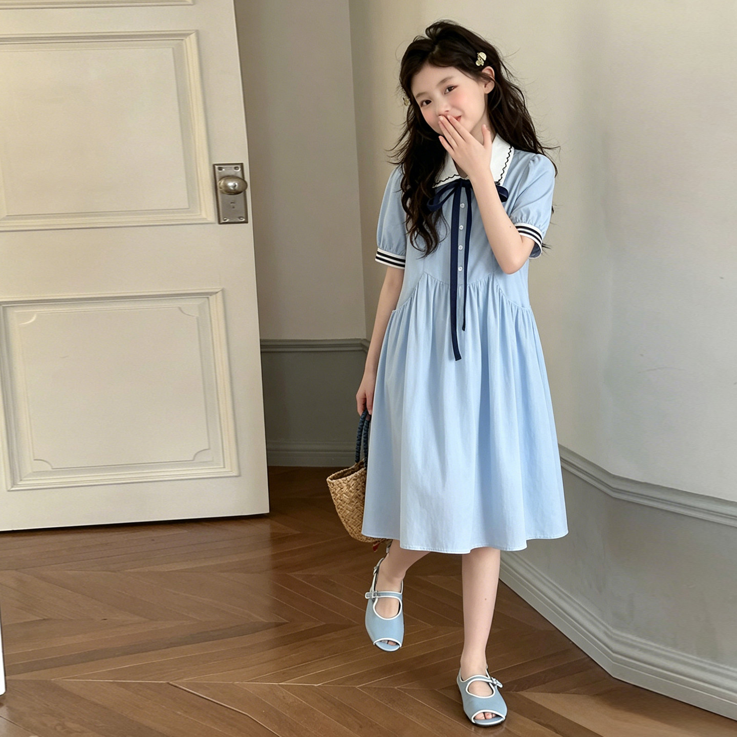 女童连衣裙夏季薄2026新款儿童裙子女孩蓝色学院风短袖连身裙棉布