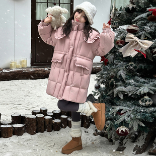 女童羽绒服冬装2025新款洋气加厚儿童高充绒量鸭绒女孩粉色中长款
