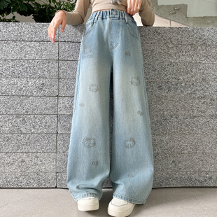 女童牛仔裤春秋款2026新款初中生女孩裤子儿童阔腿裤带钻春季大童