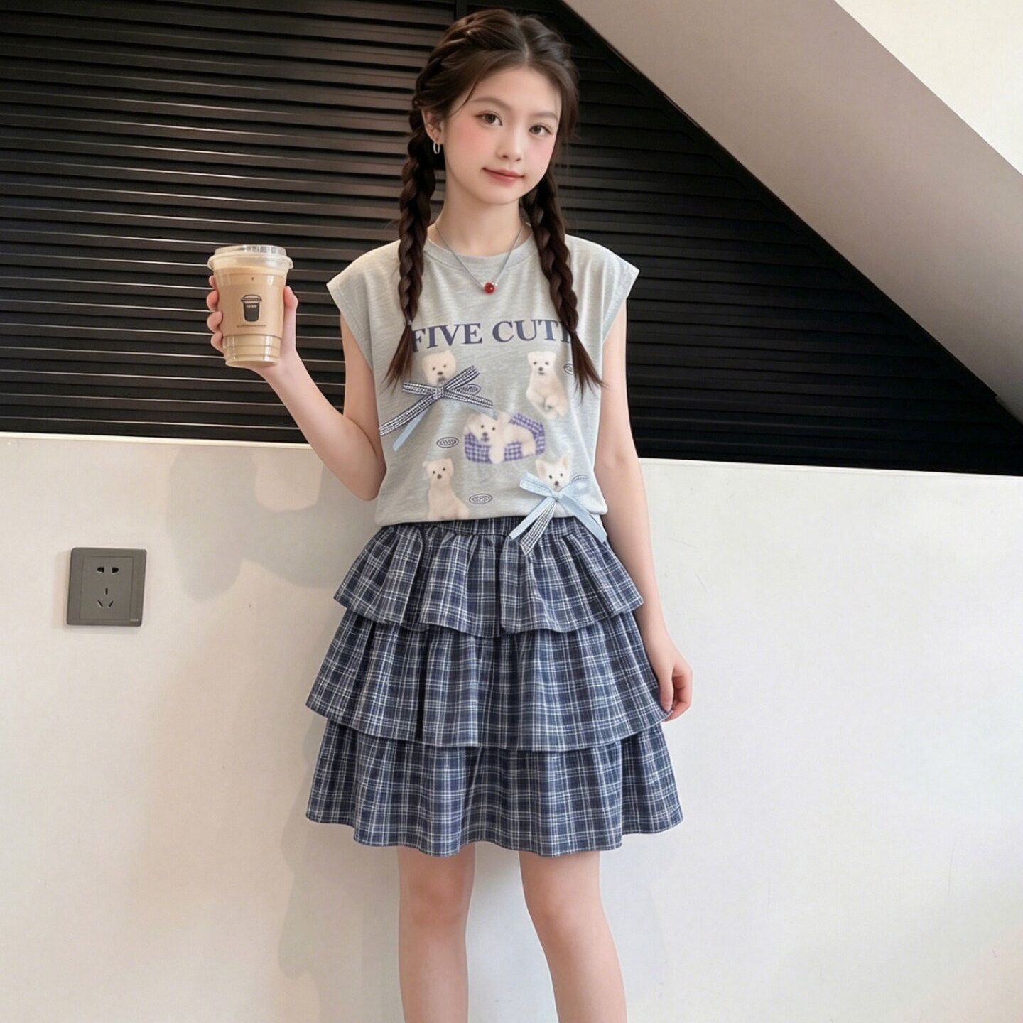 女童夏季套装2026新款儿童T恤蛋糕裙女孩无袖短裙子两件套中大童