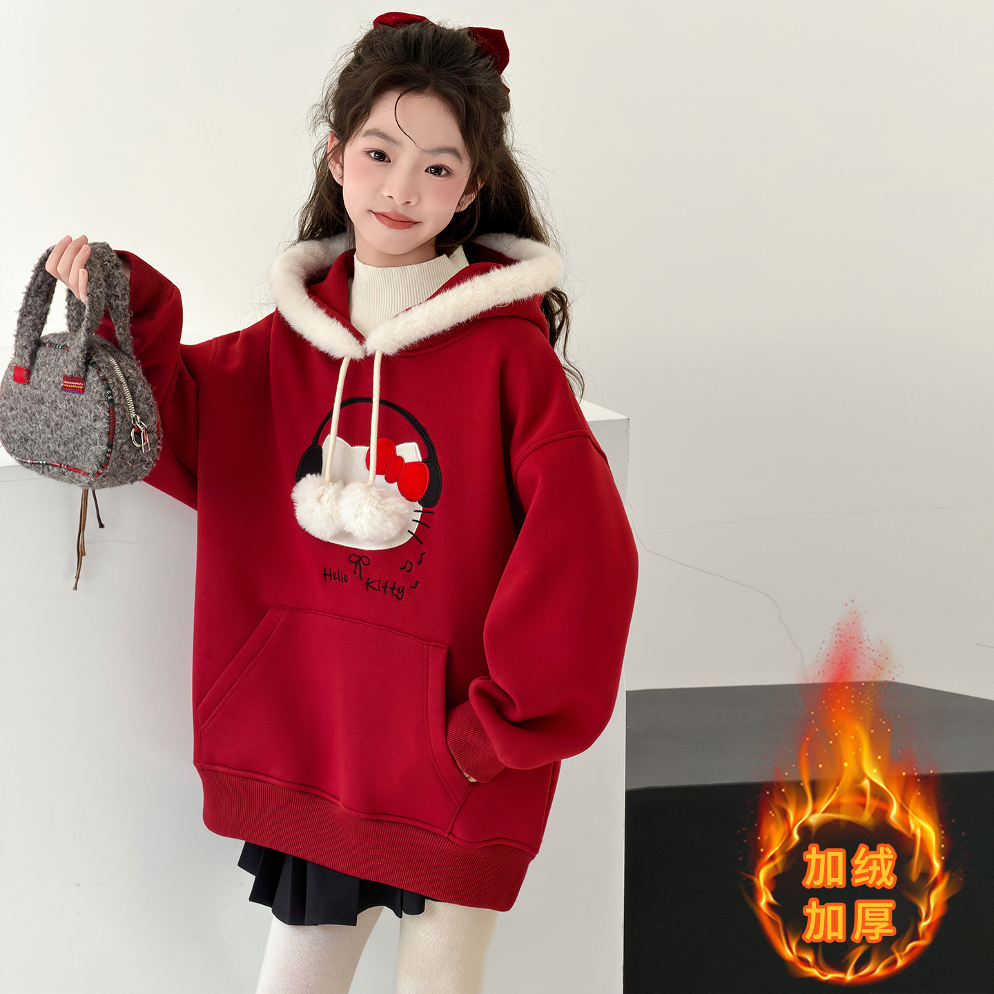 女童加绒卫衣一体绒2025新款红色儿童连帽上衣女孩冬季加厚中大童