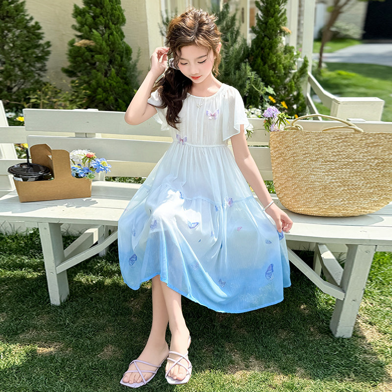 女童连衣裙2025新款夏季薄款渐变色女孩短袖儿童裙子中大童超好看