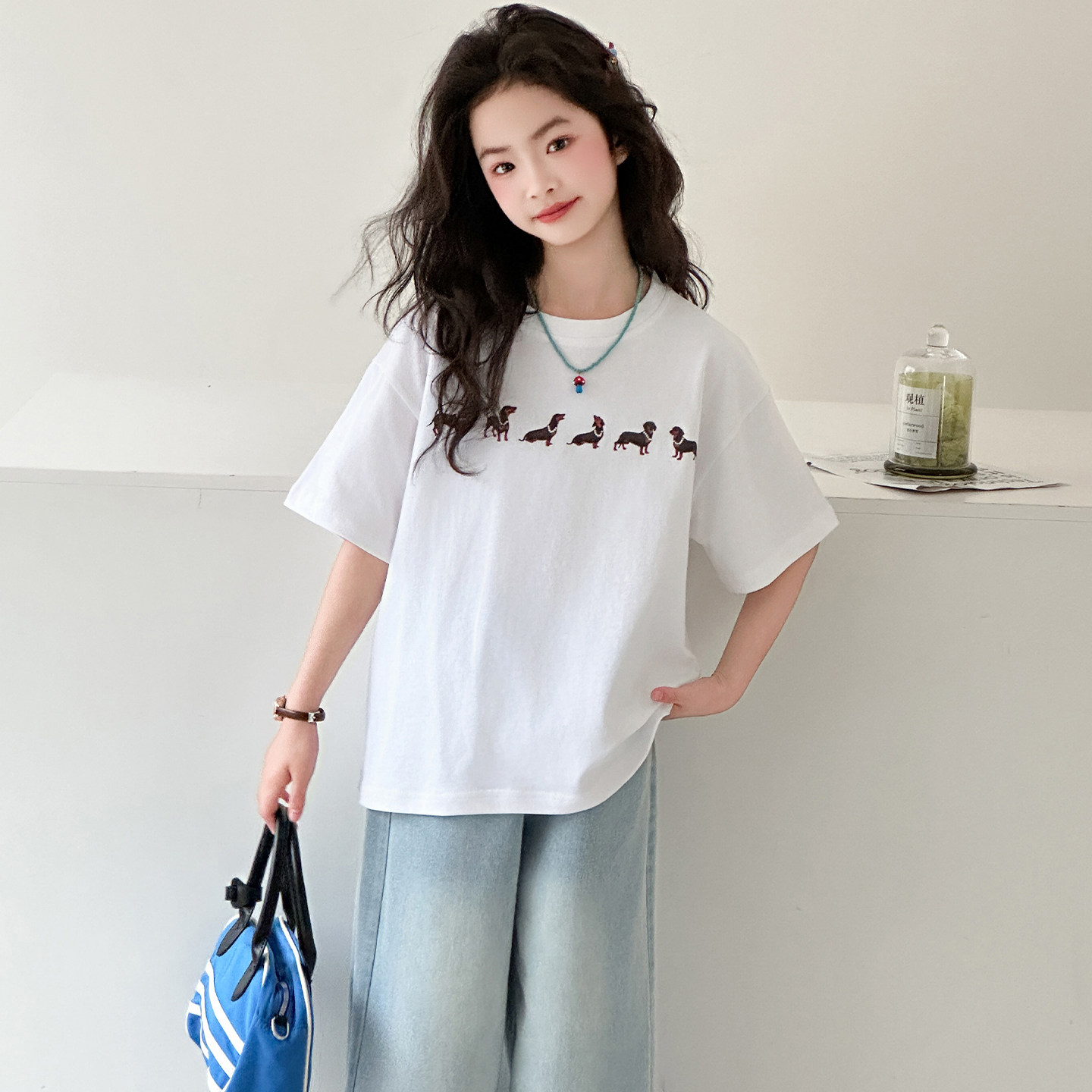 女童短袖t恤夏季宽松白色儿童体恤女孩半袖上衣服中大童2026新款