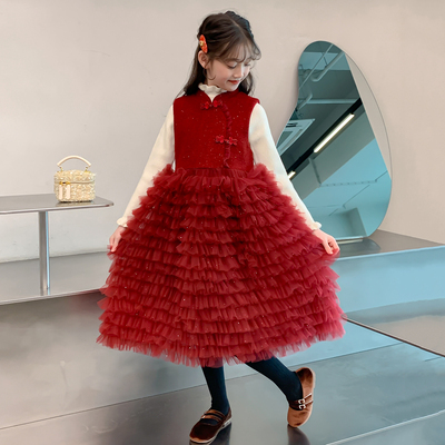 女童连衣裙冬季加厚加绒儿童裙子女孩公主裙红色无袖蓬蓬裙超好看