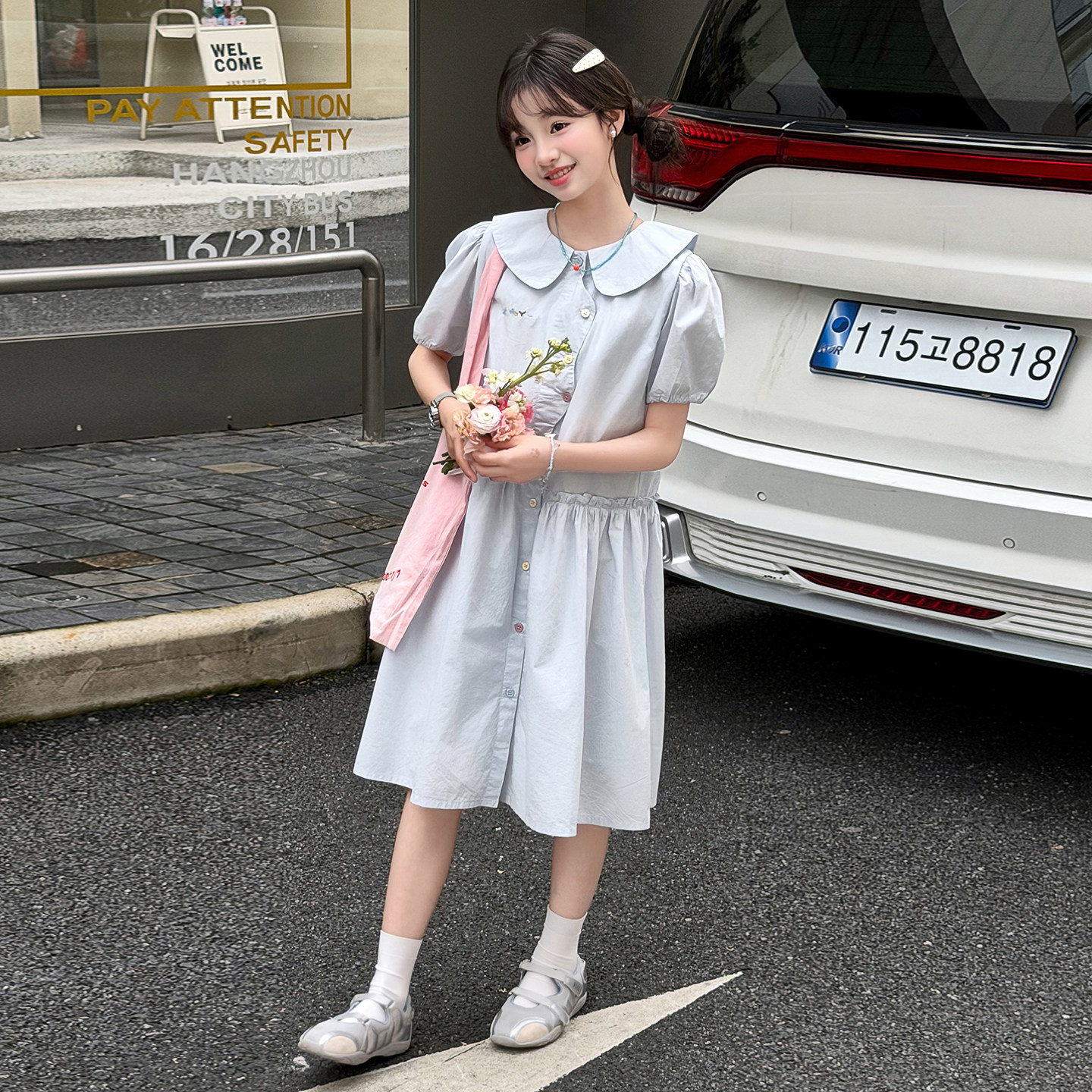 女童连衣裙夏季薄款2026夏款儿童裙子女孩衬衫裙娃娃领短袖棉布裙
