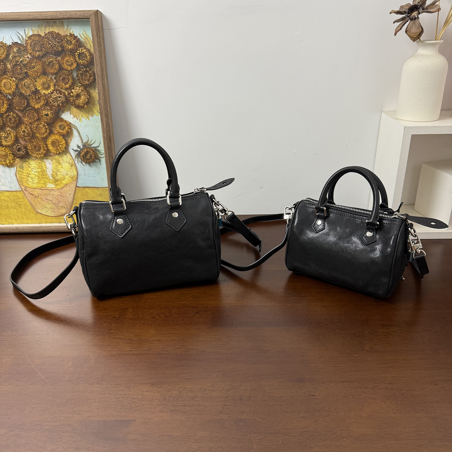 MrFu植鞣牛皮2025新款真皮手提斜挎波士顿女包百搭通勤复古枕头包