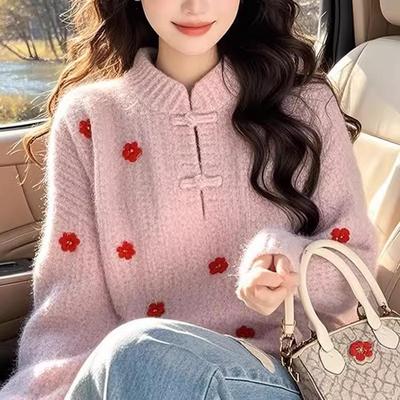 新中式国风立领盘扣针织打底衫女