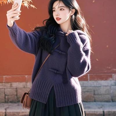 2025新中式紫色连帽毛衣外套女