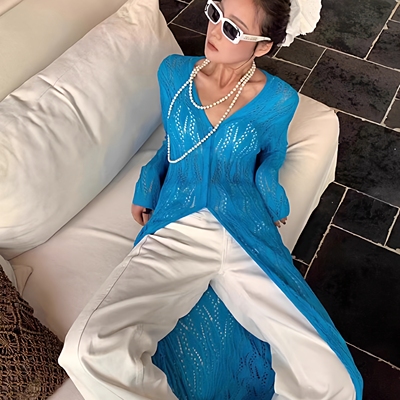 2025秋季新款针织开衫外套韩系镂空宽松长款防晒罩衫日常穿搭