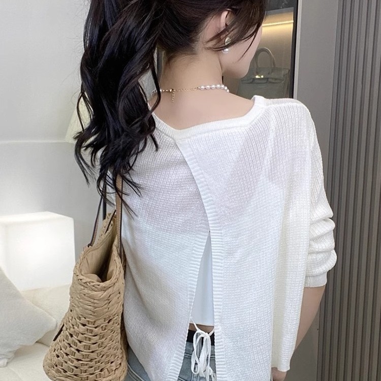 白色薄款镂空针织衫长袖外搭罩衫
