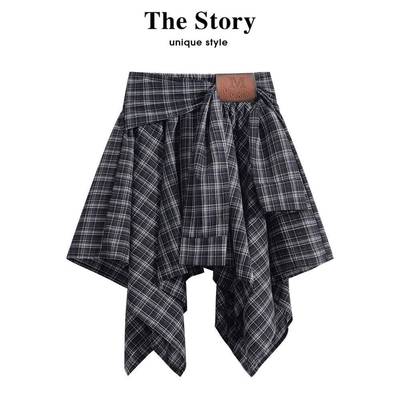 那些事衣橱假两件绑带格子半身裙女夏季新款设计感不规则减龄短裙