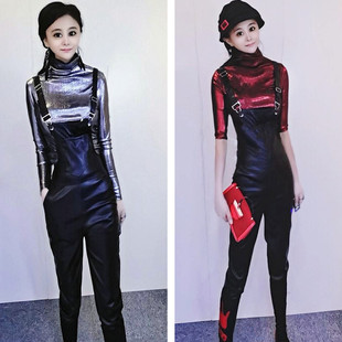 欧货洋气套装女2023秋新款时尚高领打底衫PU皮连体背带裤两件套潮