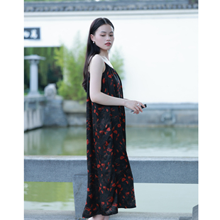 【羿尘】宽松显瘦桑蚕丝香云纱花罗吊带背心无袖连衣裙女夏长裙