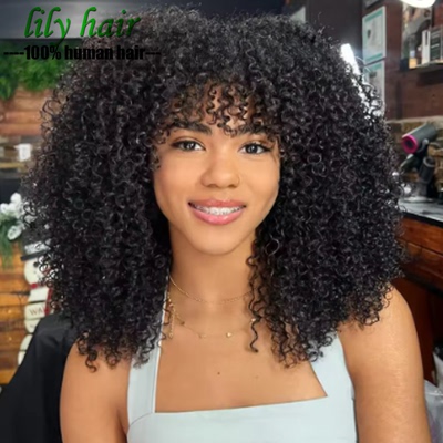 Brazilian Afro Kinky Curly Human Hair Glueless Wig With Bang