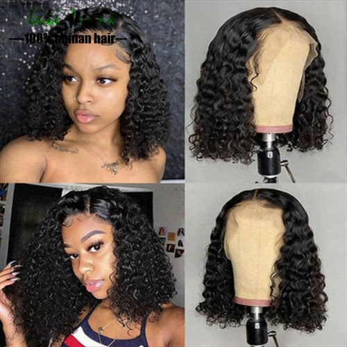 100% Human Hair Short Bob Wig Kinky Curly 13x4Lace Front Wig