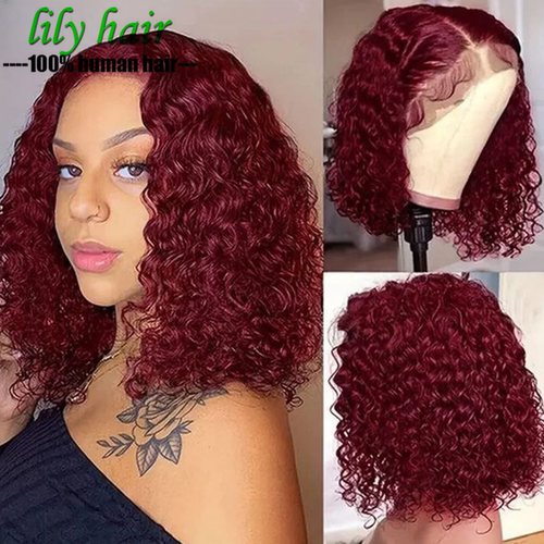 water wave 99j burgendy red 13*4 lace human hair bob wig 10A