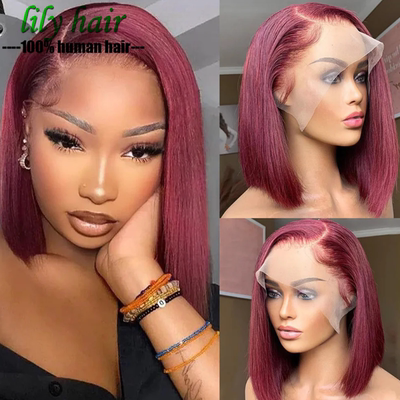 10A Straight 99J Red 13x4 Lace Frontal Human Hair Bob Wigs