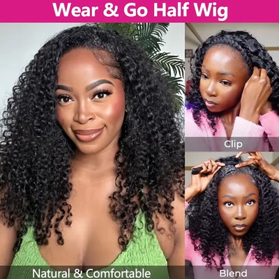 Kinky Curly Half Wig Glueless Human Hair Seamless Clips Wigs