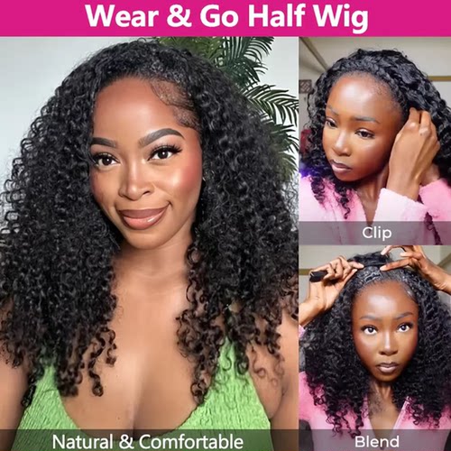 Kinky Curly Half Wig Glueless Human Hair Seamless Clips Wigs