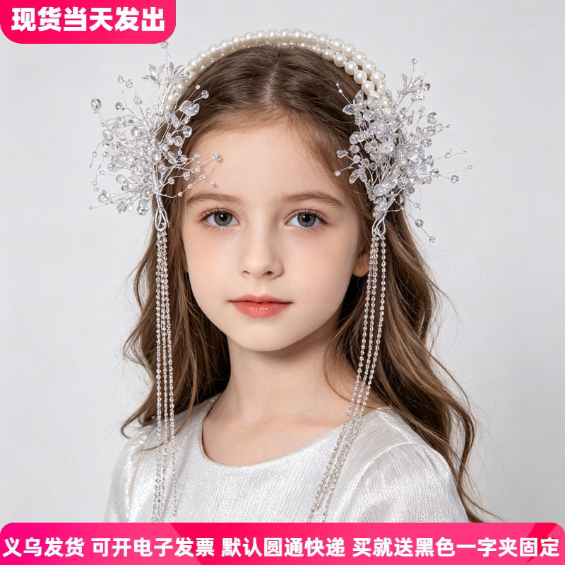 唯美双层珍珠水晶花瓣流苏发箍
