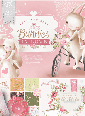 P346可爱卡通兔子粉色少女心手绘水彩花朵装饰贺卡海报设计素材