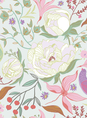 P229田园牡丹花卉植物叶子小鸟线描包装饰印花纹图案背景设计素材