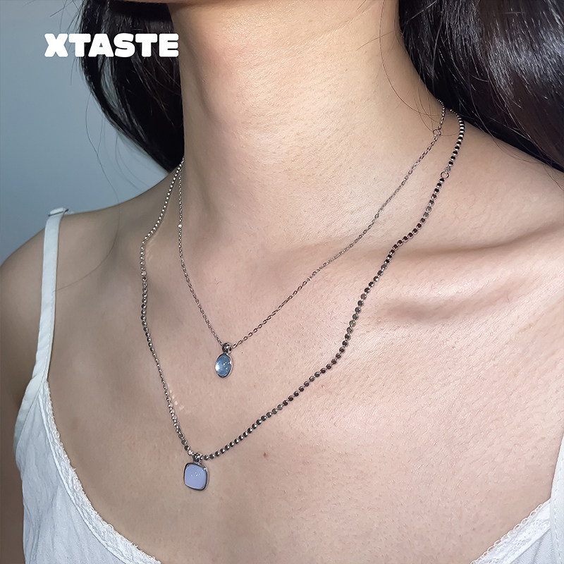 XTASTE TINOM潜流系列蓝瞳项链纯银海蓝宝玉髓组合链原创设计叠戴