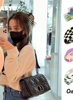 金智秀同款XTASTE美国CHUNKS棋盘格发夹BB夹蝴蝶结可爱风鲨鱼夹