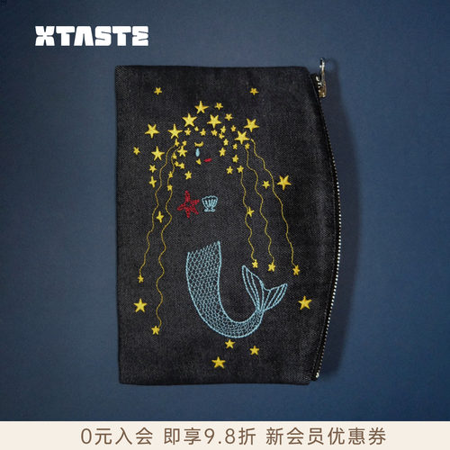 XTASTE 杜卡拉【人鱼刺绣收纳包】小众设计星星美人鱼牛仔手拿包