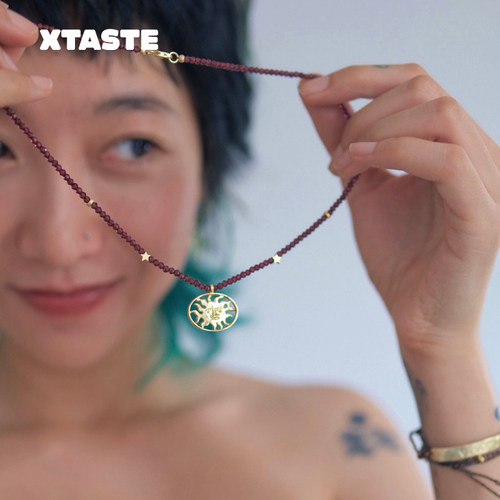 XTASTE 仅仅MERE 炽热之光项链银镀金石榴石串珠设计高级感锁骨链