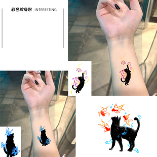 高颜值小众原创彩绘逼真猫咪蝴蝶彩色纹身贴防水女持久可洗贴纸潮