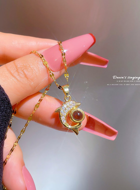 海豚项链钛钢轻奢微镶真金投影石