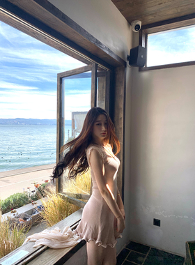 ke7en 古早sinde*l淡珊瑚橘蕾丝拼接纯欲温柔风针织A版无袖连衣裙