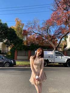 ke7en 蕾丝拼接双层雪纺半身裙 珊瑚粉套系