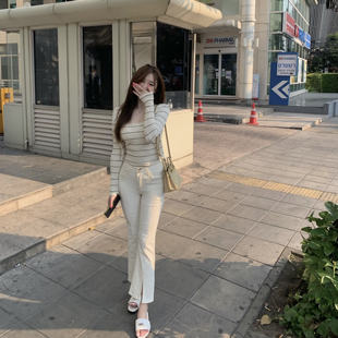 小阔腿喇叭开衩裤 ke7en 九分裤 米色皮标修身 米白色也能显瘦牛仔裤