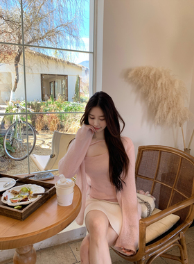 ke7en 肉粉色马海毛绵羊毛混纺韩系慵懒风宽松气质针织开衫外套