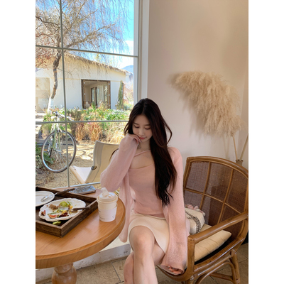 ke7en 肉粉色马海毛绵羊毛混纺韩系慵懒风宽松气质针织开衫外套