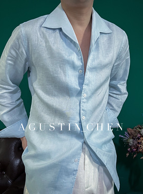 Agustin_Chen 春夏【100%亚麻】一片领小古巴领雅痞裸感亲肤衬衣